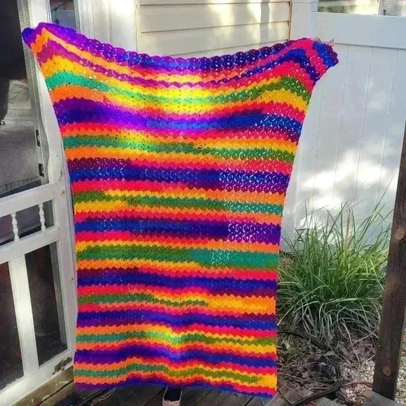 Rainbow Hand Knitted Blanket Crochet Red Orange Blue Green Yellow Teal Purple - Picture 3 of 3